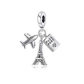 Silver travel charm bead with airplane, Eiffel Tower and passport pendant for DIY bracelets - Plane Tower Passport