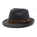 Detailed view of dark grey wool felt fedora featuring a brown leather band and gold buckle - M (56-58cm) / Dark Gray