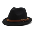 Classic black wool fedora hat with a brown leather band and buckle detail shown from an angle - M (56-58cm) / Black
