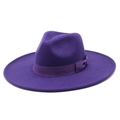 Detail van de paarse wollen vilten jazz fedora met zijden lintstrik op de brede rand - M (56-58cm) / Paars