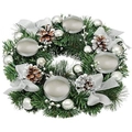 Christmas wreath candle holder with green pine needles, silver bows, and pine cones decoration - 30cm Silver (Pot Cup)