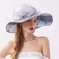 Women's summer wide brim sun hat with blue floral lace and organza flower decoration - Floral Blue Grey