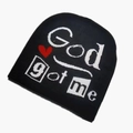 Winter black knit beanie with white God Got Me lettering and a small red heart - God got me-Black