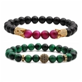 Tiger eye and matte stone beaded bracelet set with crown charms and zircon accents - Black Rose Peacock Green Gold Combination (Tiger Eye 1 Set 1)