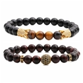 Dettaglio del set di braccialetti con pietre occhio di tigre e ciondolo a corona oro - Nero Lucido Rosso Marrone Sfera Cava (Occhio di Tigre 2 Set 3)