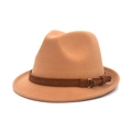 Classic camel wool fedora hat featuring a dark brown band with a gold metal buckle - M (56-58cm) / Camel