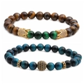 Dettaglio di bracciali di perline con occhio di tigre, corona d'oro e sfera di zirconi - Occhio di Tigre Marrone Occhio di Gatto Verde Occhio di Tigre Blu (Occhio di Tigre 4 Set 2)