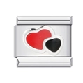 Silver Italian charm bracelet link with red and black heart patterns and white outlines - Red & Black Double Hearts-Y054