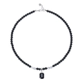 Vintage stainless steel beaded necklace with black rectangle stone pendant and marble beads - White Turquoise Style