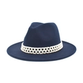 Dark blue wool fedora hat for women featuring a white pearl woven decorative band - M(56-58cm) / Navy Blue
