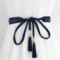 Navy blue woven waist rope for dresses with tassel ends and golden metal accents - Navy Blue