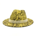 Detail of fedora hat with yellow snake pattern print and triple row pearl bead band - M (56-58cm) / Green