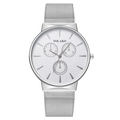 Minimalist silver men's quartz watch with stainless steel mesh band and three-dial design - All Silver
