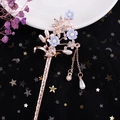 Golden flower hair pin with blue petals, pearls, and elegant tassels in vintage style - Gold Blue Flower Pearl Tassel (FZ052)