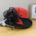 Detailed shot of a red and black wool fedora with mesh net and floral accents - Adjustable / Orange Red (Mesh Contrast Bicolor Flower)