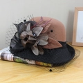 Retro wool cloche hat for women with mesh veil and fabric flower on wooden desk - Adjustable / Caramel (Mesh Contrast Bicolor Flower)