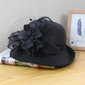 Detail of vintage wool felt cloche hat with black mesh veil and handmade silk flower decor - Adjustable / Black (Mesh Contrast Bicolor Flower)