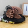 Detail of vintage wool felt hat featuring brown and black mesh flower and feather accents - Adjustable / Caramel (Mesh Contrast Lotus)