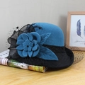 Vintage wool felt cloche hat in Klein blue with black mesh veil and 3D floral accent - Adjustable / Lake Blue (Mesh Contrast Lotus)
