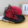 Detail of vintage wool felt cloche hat featuring red fabric flower and black mesh veil - Adjustable / Burgundy (Mesh Contrast Lotus)