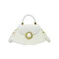 White trapezoid crossbody bag with crocodile pattern flap and golden sun ornament - White