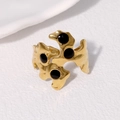 Irregular 18k gold plated stainless steel ring featuring five black enamel dot accents - Black