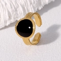 Vintage gold plated stainless steel open ring with black enamel and beaded texture - Black