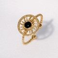 Adjustable gold plated stainless steel sunburst ring with a black gemstone center - Sunburst Black Gemstone Style / Black