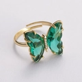 Gold plated butterfly open ring with green faceted gems and white zircon inlay - Peacock Green