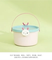 Detail view of light pink macaron storage bucket with blue lid and cute rabbit handle - Small / Rabbit Pink