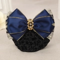 Navy blue satin hair clip with gold trim, flower ornament, and black snood net - Bronze Lace Gold Edge Blue