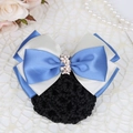 Blue and white satin bow hair clip with black crochet hair net and rhinestone floral center - Willow Leaf Beige + Sky Blue