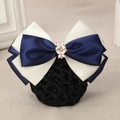 Nurse hairnet clip with navy and beige double layer bow and floral rhinestone buckle - Butterfly Beige + Blue