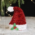 Sparkly red tinsel Christmas hat with white pom-pom and holly berries decor - Red Christmas Hat