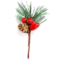 Detail of festive artificial pine branch with red berries and natural pine cone decoration - Heart Style