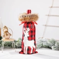 Housse de bouteille de vin de Noël à carreaux rouges et noirs avec broderie de renne et fourrure - Style Élan