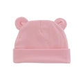Soft pink knit newborn baby hat with cute bear ears and fold-over brim design - Pink