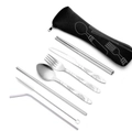 Portable stainless steel cutlery set with floral engraving in a black travel pouch - 7-Piece Black Floral Set