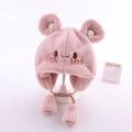Pink plush baby winter hat with cute bear ears and protective earflaps for newborns - Shy Bear / Pink