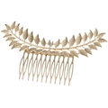 Detailed close-up of golden hollow leaf patterns on a vintage Greek style hair comb - Curved Leaf Hair Comb
