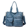 Retro blue PU leather tote bag with functional pockets and wide fabric shoulder strap - Double Pocket Style / Blue