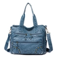 Vintage blue PU leather shoulder bag with multiple zippers and metallic rivet details - Rivet Style / Blue
