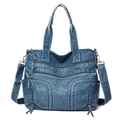 Vintage navy blue washed PU leather handbag with multiple pockets and cross-body strap - Double Zipper Style / Blue