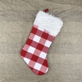 Classic red and white plaid Christmas stocking with white plush cuff on beige burlap - Red White Plaid