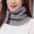 Women's grey knitted turtleneck scarf with stylish red and green stripe detail - Gray