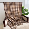 Close-up of brown plaid scarf with fringe details draped over a beige armchair - Coffee (WT143-4) / 200cmX70cm