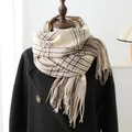 Checkered cashmere-feel scarf in beige and brown with fringe on a wooden mannequin - Beige & Brown Plaid (WT135-2)