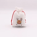 White linen Christmas gift bag with reindeer print and red drawstring for candy storage - Antler Reindeer / 10*14cm