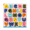 Colorful A-Z uppercase wooden alphabet puzzle blocks on pink star pattern board - Alphabet Board Large