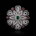 Baroque hollow flower brooch featuring green center stone and red pear-cut gems - Antique Silver - Mandala Brooch - Grey